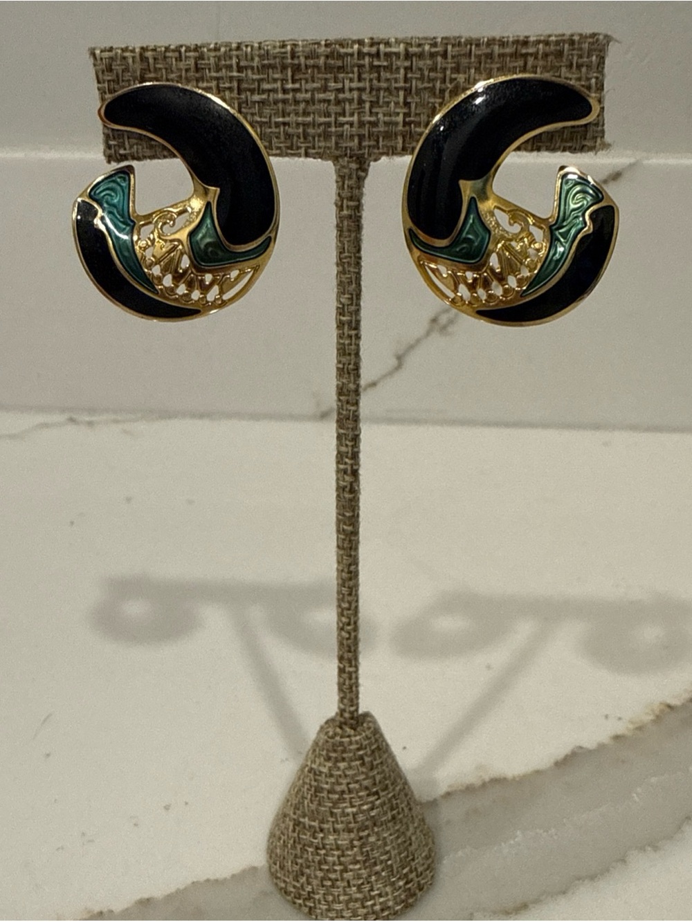 Edgar Berebi Vintage 80’s Black Gold Green Crescent Post Earrings